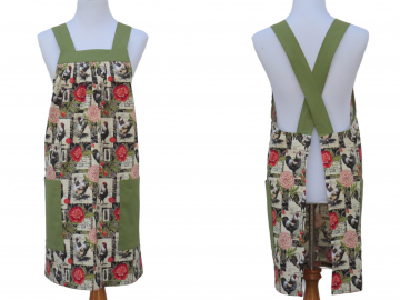 Women's Floral Rooster Cross Back Apron with Gathered Top, 100% Cotton, with Large Pockets & Optional Personalization
