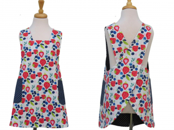 Girl's Blueberries & Strawberries Cross Back Apron in a Cute Child Fruit Themed Cotton Print