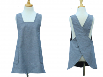 Girl's Blue Chambray Japanese Cross Back Style Apron, 100% Cotton, with Optional Personalization