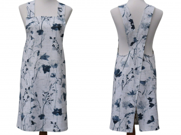 Women's Gray & Blue Floral Japanese Style Apron in a Pretty Flowers and Vines Cotton with Large Pockets