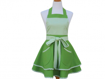 Women's Green Retro Style Apron with Green & White Gingham, Optional Personalization