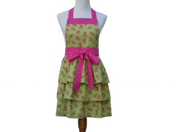 Women's Pretty Green & Pink Floral Ruffled Apron