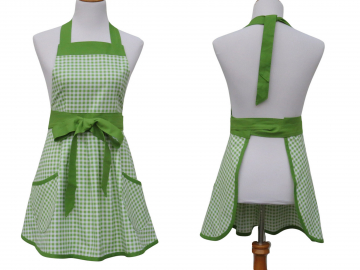 Women's Green & White Gingham Apron, with a Pleated Front, 100% Cotton & Optional Personalization