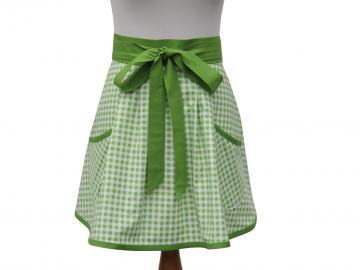 Women's Green & White Gingham Half Apron, with a Pleated Front and Two Pockets