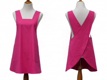 Women's Solid Hot Pink Japanese Apron, Cross Back No Ties Style, 100% Cotton, in More Colors