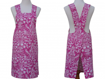 Women's Hot Pink & White Damask Floral Cross Back Apron, Magenta Japanese Style Apron, 100% Cotton Canvas