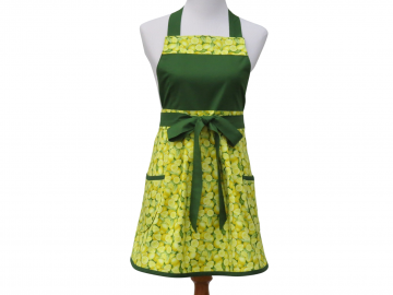 Women's Green & Yellow Lemons Full Apron, with a Pleated Front, 100% Cotton & Optional Personalization
