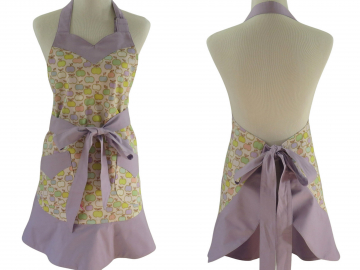 Apple Themed Apron in Lilac & Pastel Colors, with Flounced Hem & Optional Personalization
