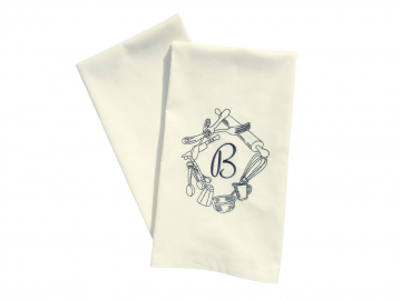 Solid Color Monogrammed Tea Towels, Set of 2, with a Kitchen Utensils Frame & Initial, in 16 Color Options