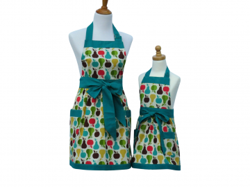 Mother & Daughter Matching Apples & Pears Apron Set with Gathered Waist, Optional Aprons Personalization & Matching Child Chef Hat