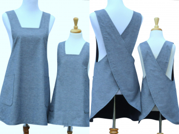 Mother & Daughter Matching Japanese Cross Back Style Aprons in Blue Chambray Cotton