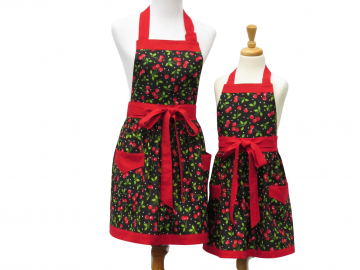 Mother & Daughter Matching Cherries Apron Set with Gathered Waist, Optional Aprons Personalization & Matching Child Chef Hat