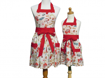 Mother & Daughter Matching Cooking Themed Apron Set in a Cute Novelty Cotton Print with Recipes and Baking Supplies, Optional  Personalization & Child Chef Hat &