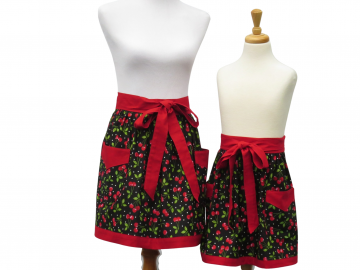 Mother & Daughter Matching Cherries Half Apron Set, with Gathered Waist and Optional Aprons Personalization & Child Chef Hat