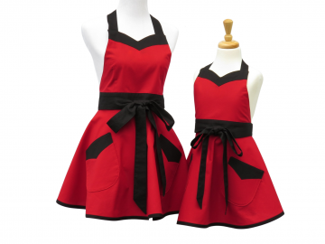 Mother & Daughter Solid Apron Set in 12 Color Options, with Full Retro Style Skirt, Sweetheart Neckline and Optional Personalization