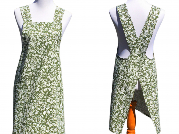 Women's Olive Green & White Floral Japanese Cross Back Style Apron, 100% Cotton Canvas