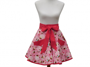 Women's Pink & Red Cupcake Half Apron, with Retro Style Circle Skirt & Optional Personalization