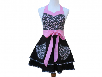 Women's Black & Pink Floral Retro Style Apron with Full Circle Skirt, Optional Personalization