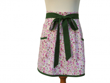 Women's Pretty Pink Floral Half Apron, with Green Trim, Pleated Front and Two Pockets, 100% Cotton