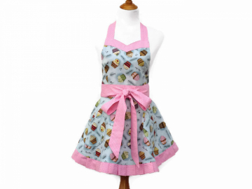 Women's Pleated Cupcake Retro Style Apron with a Sweetheart Neckline