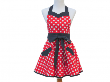 Women's Red, White & Blue Polka Dot Apron with a Full Retro Circle Skirt & Sweetheart Neckline