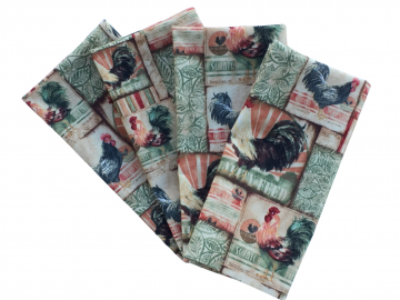 Rooster Cloth Napkins, Set of 4 or 6, 100% Cotton, Green, Tan & Beige, Chicken Table Linens