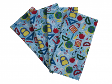 Blue School Supplies Themed Cloth Napkins, 100% Cotton, Set of 4 or 6