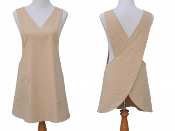 Women's Khaki Japanese Apron with V Neck, Large Pockets, in 12 Color Options, & Optional Personalization, 100% Cotton
