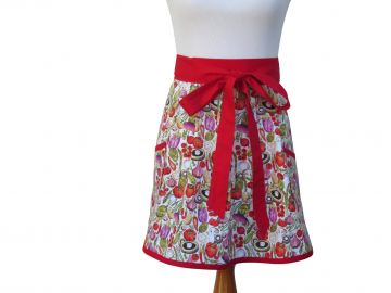 Women's Cute Vegetable Half Apron, with a Pleated Front, 100% Cotton in Red, Green, Purple, Beige & Brown