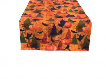 Witch Hats & Pumpkins Halloween Table Runner, 100% Cotton, with Black Birds and Spider Webs, in Orange, Green and Purple
