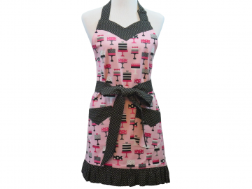 Women's Pink & Black Ruffled Apron in a Cake Themed Print