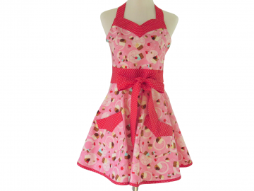 Women's Retro Cupcake Apron with Full Circle Skirt, Sweetheart Neckline &Optional Personalization